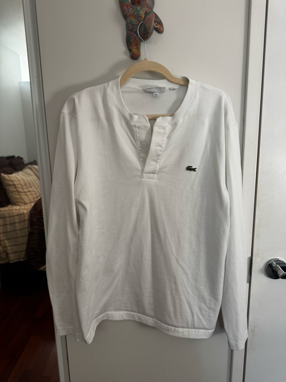 LACOSTE White Long-Sleeve Henley with Crocodile Logo